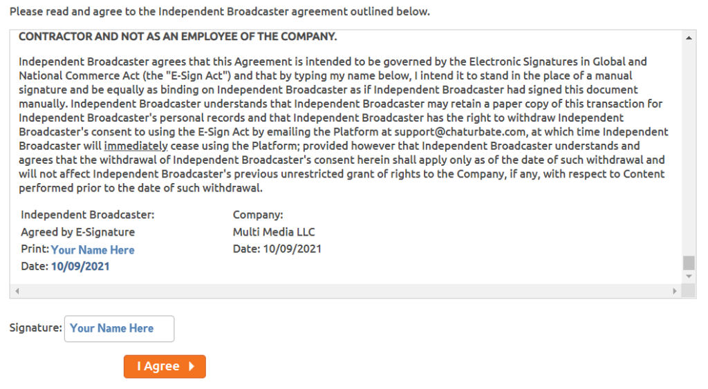Independent Broadcaster Agreement for Chaturbate
