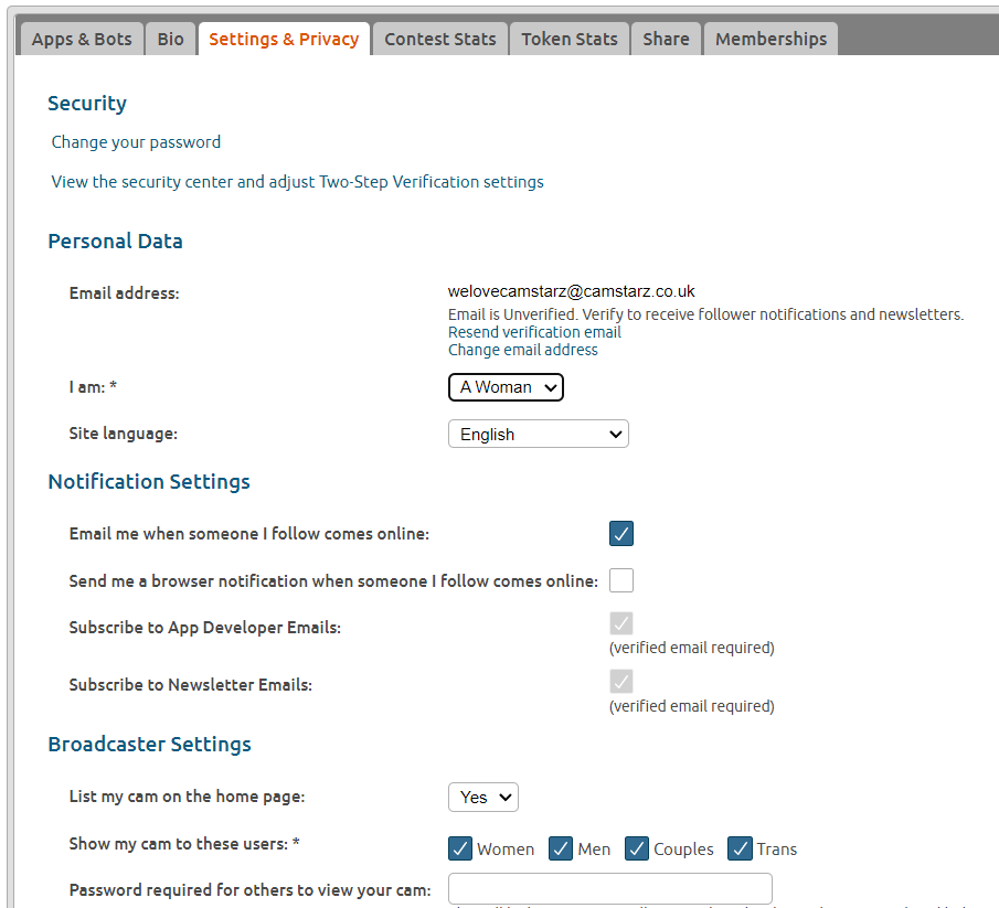 Configure your Syetm and Privacy settings for your Chaturbate broadcast