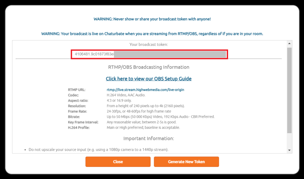 Generate New Token for Authorized Chaturbate Stream Key