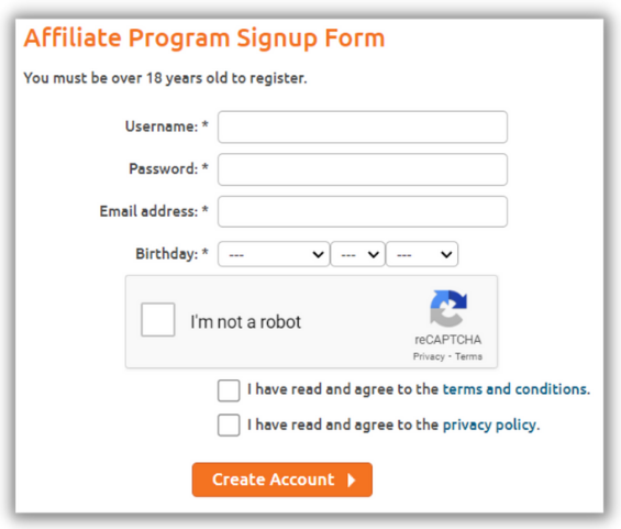 Chaturbate Affiliate sign up form