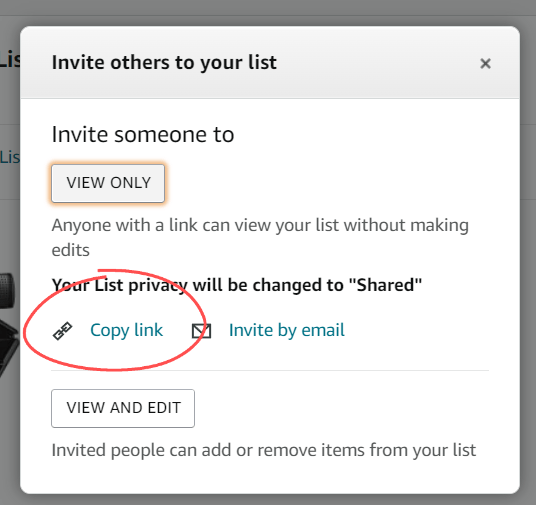 Amazon Popup Box to Copy Link for Sharing Wishlist on Chaturbate