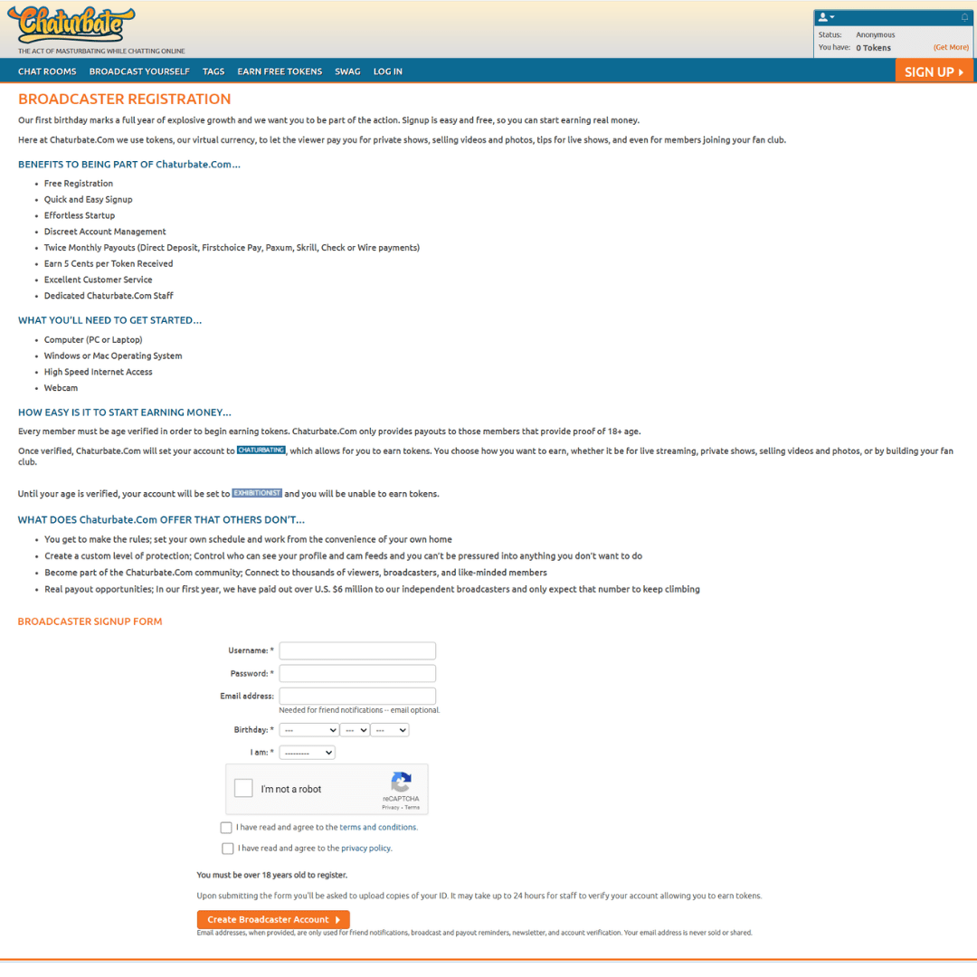To perform on Chaturbate, complete the Broadcaster Registration From