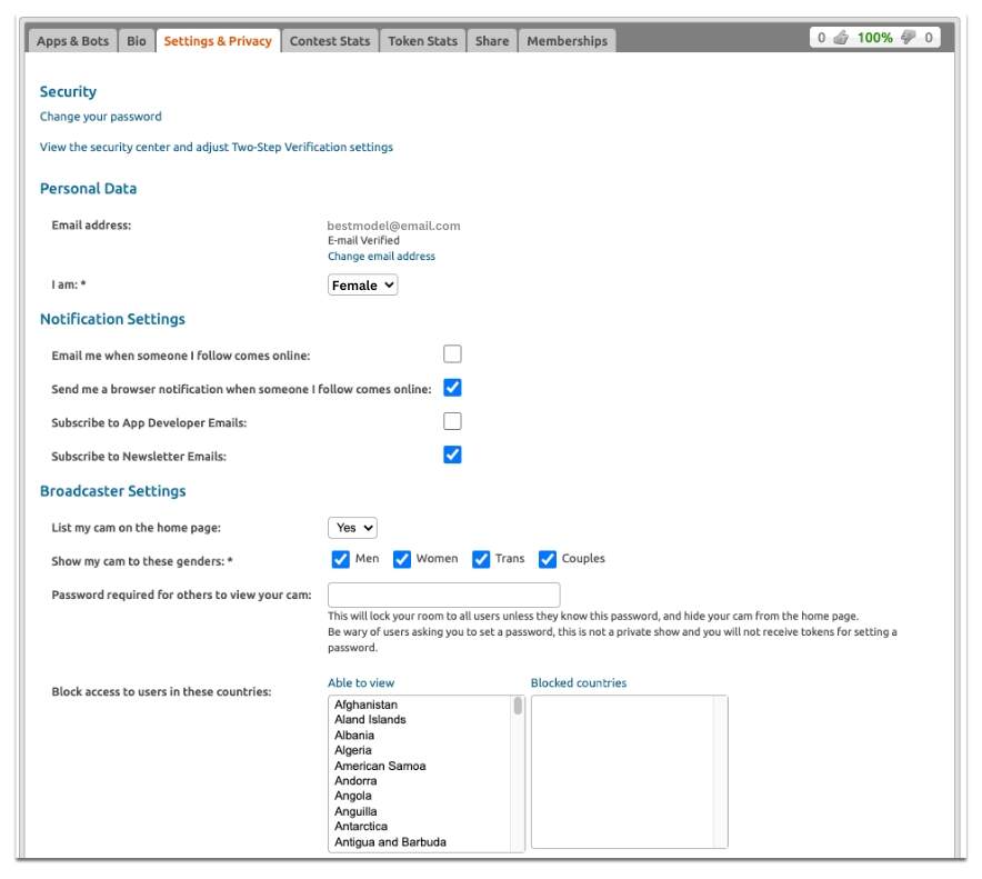 Use the Settings & Privacy tab for controlling your webcam model chatroom