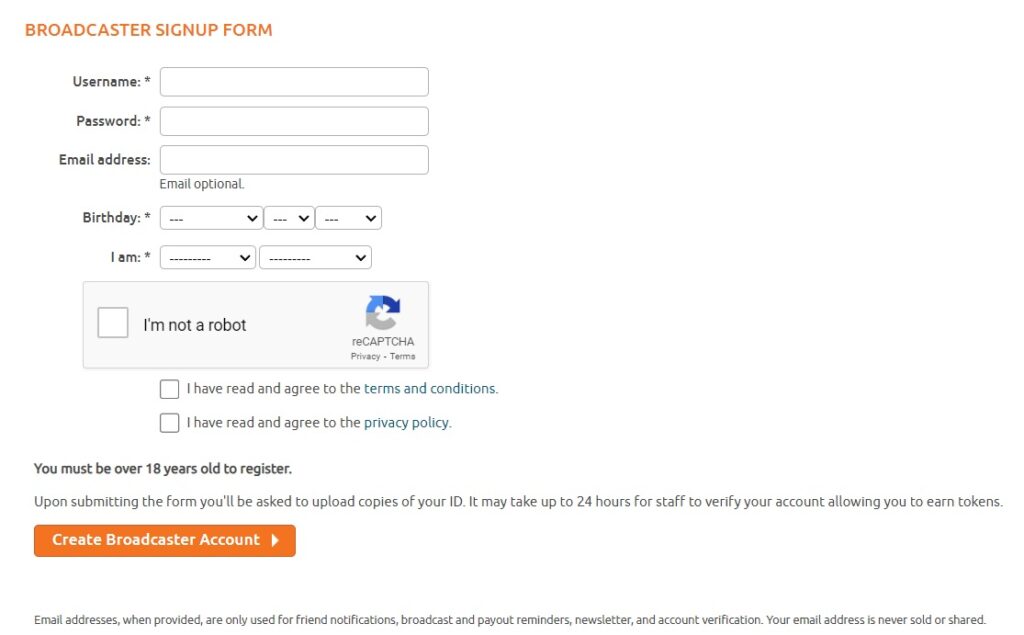 Chaturbate model Broadcaster Signup Form