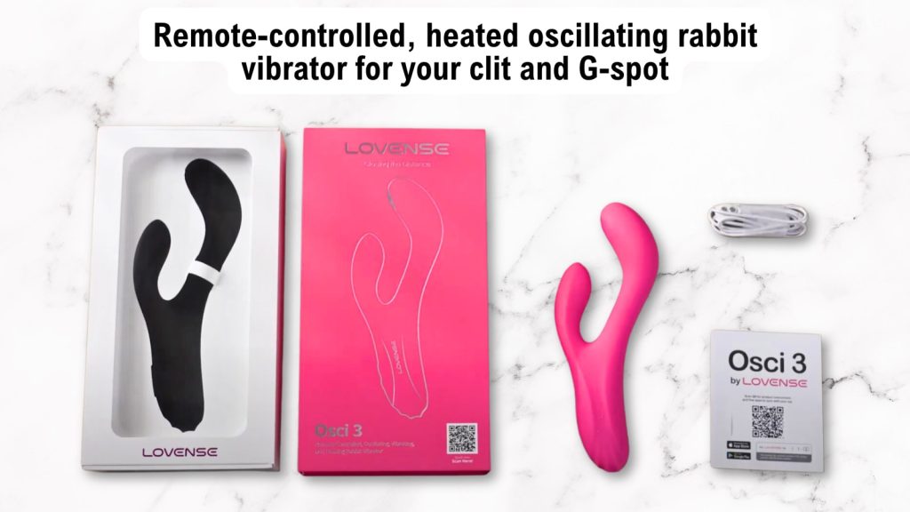 Lovense Osci 3 unboxed, featuring the rabbit vibrator, magnetic charging cable, and user manual displayed on a sleek marble surface