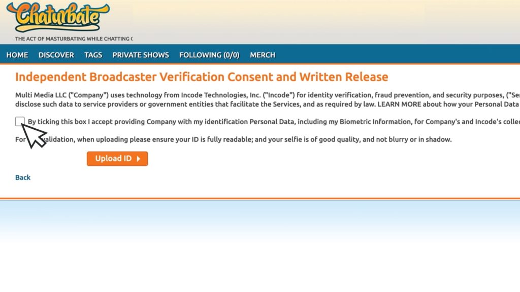 Screenshot of the Chaturbate Independent Broadcaster Verification Consent and Written Release