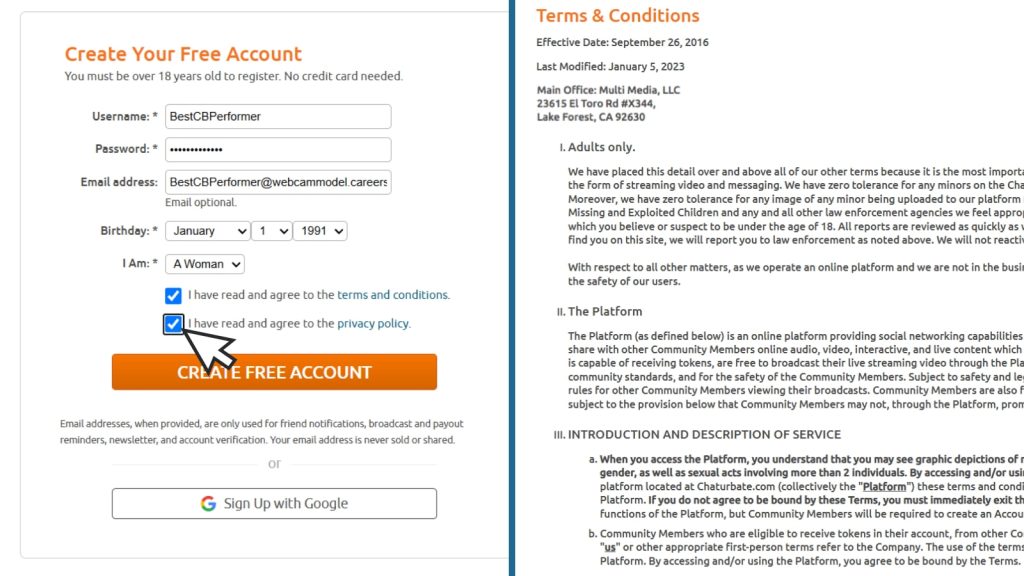 Select and read Chaturbate terms and conditions and privacy policy screenshot