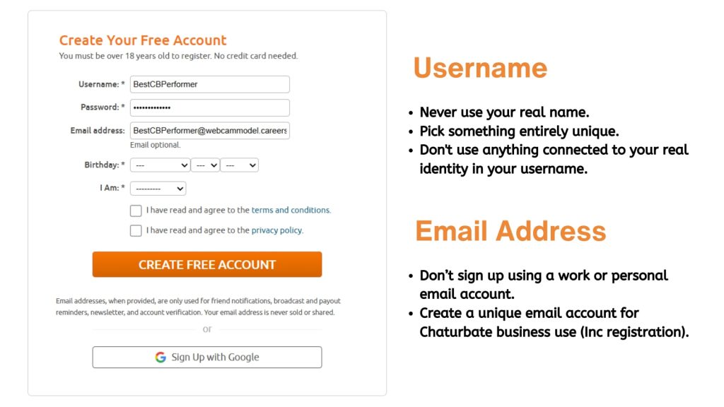 Create your free Account on Chaturbate with tips on how to create and add a username and email