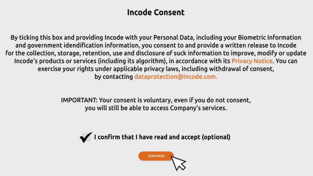 Incode Consent for Biometric Information screenshot on Chaturbate