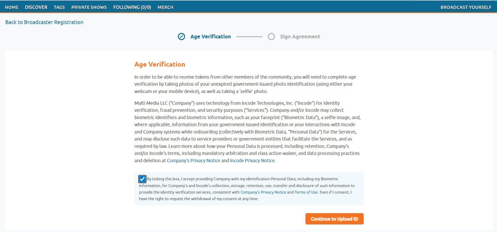 Screenshot of theChaturbate Age Verification agreement for male, female, couples and trans broadcasters