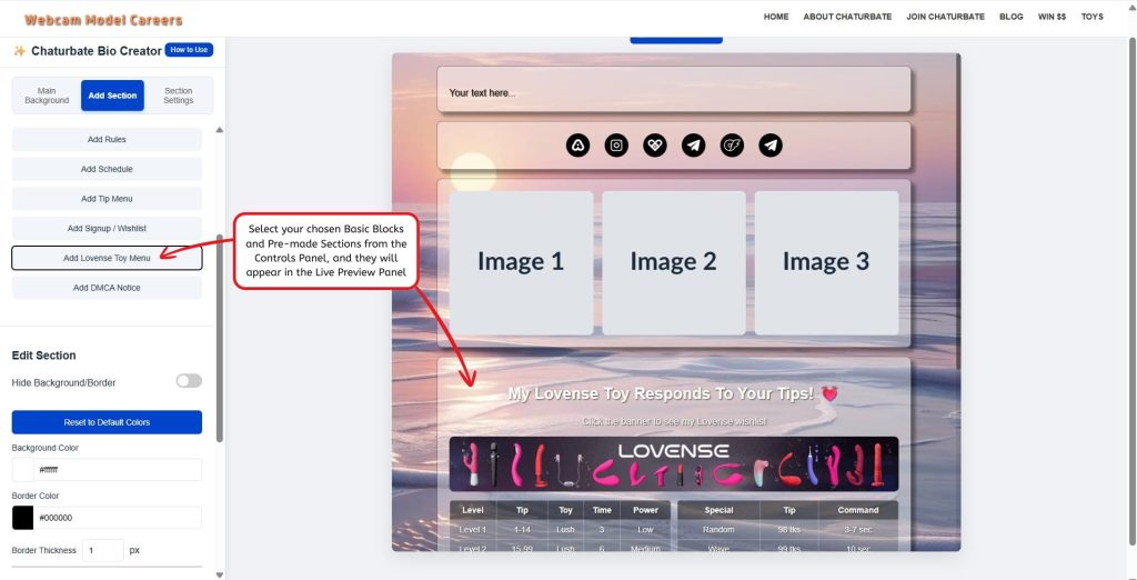 Screenshot of the Chaturbate Bio Creator add section tab where you can choose basic and pre-made sections for your custom bio