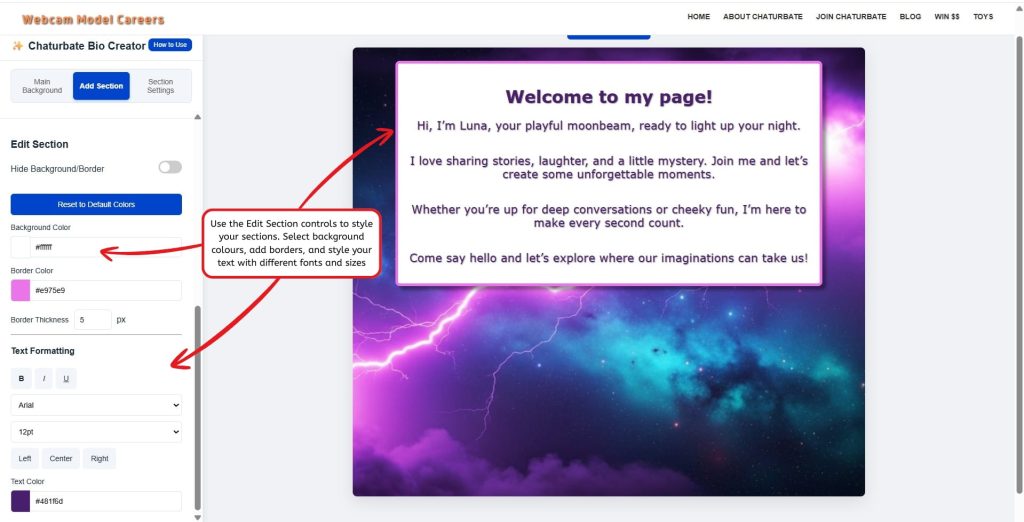 A screenshot showing the live preview on the right with a section highlighted, and the Controls Panel on the left showing the specific Edit Section options.