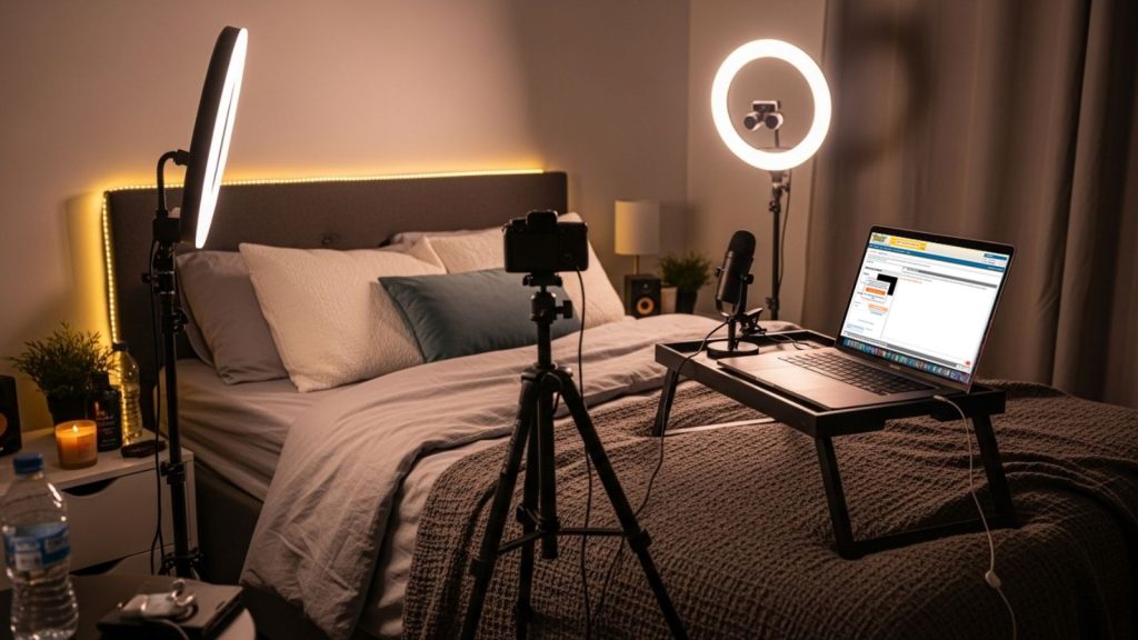 Bedroom camming setup for Chaturbate male models featuring a bed with webcam and ring light, laptop open on broadcast page, and cosy lighting ready for streaming