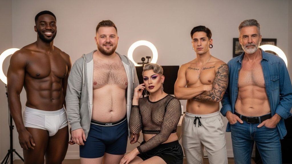 Diverse group of Chaturbate male broadcasters including a muscular Black man, plus-size white man, femme gay man, tattooed Latino man, and older mature man, standing confidently in a modern camming setup to represent inclusivity and male webcam modeling