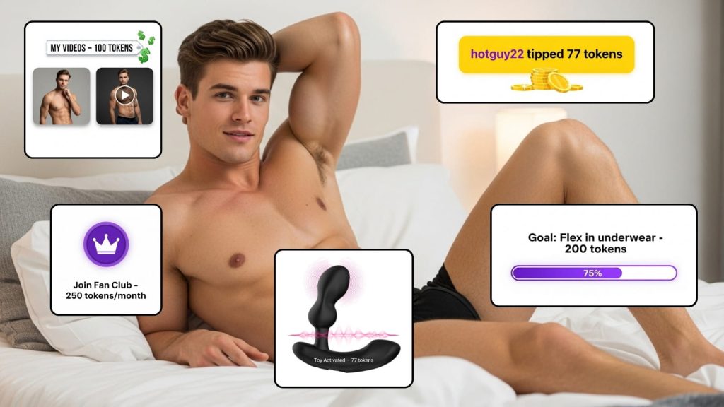 Young muscular man posing confidently on a bed, surrounded by floating graphics representing Chaturbate male income methods including token tips, fan club, interactive toy activation, video sales, and tip goals