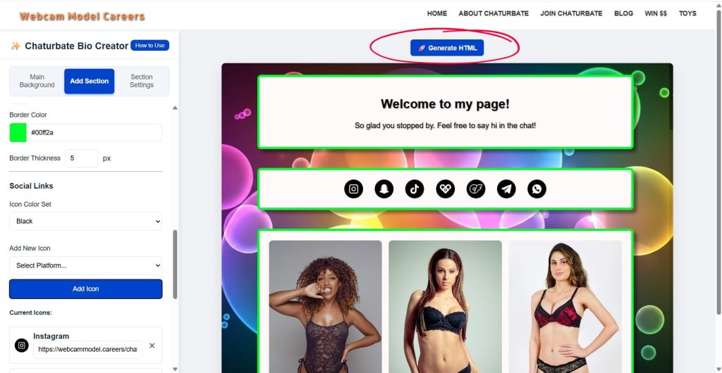 A completed bio in the creator tool with the "Generate HTML" button circled in red