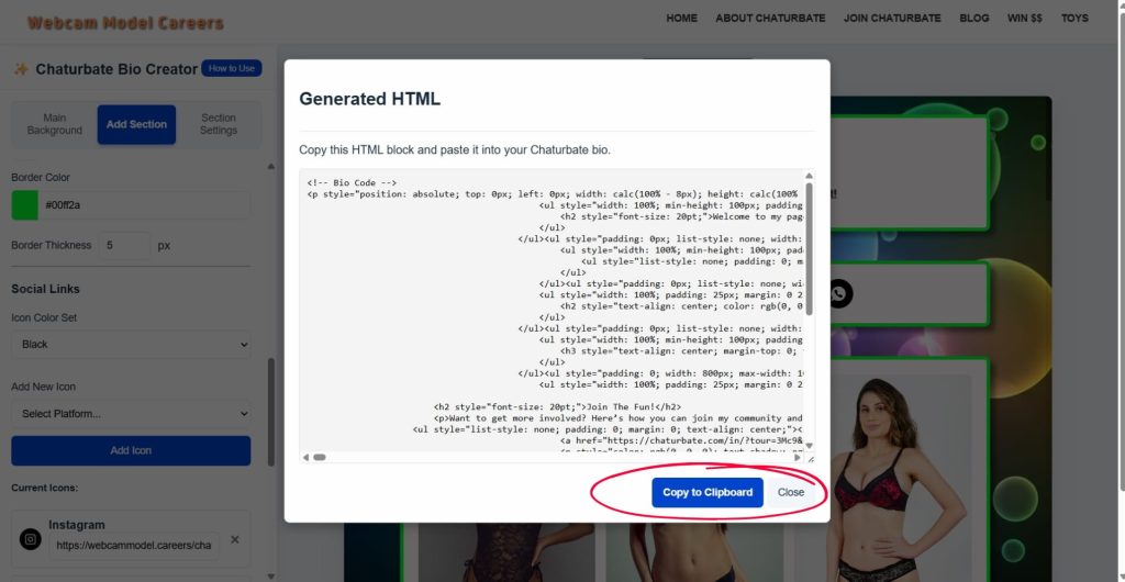 A screenshot of the pop-up window appearing, containing the complete HTML code for your bio
