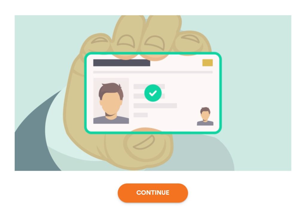 Cartoon image of a valid government issued driver's licence being validated by biometric verification