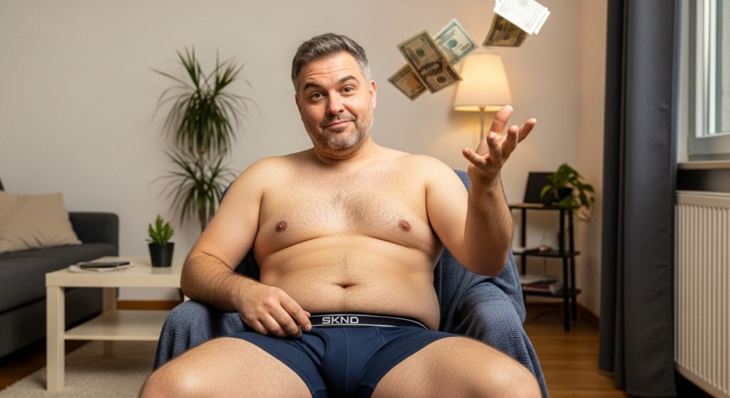 Man in his late 30s sitting in boxer briefs, confident and throwing money in the air while facing the camera