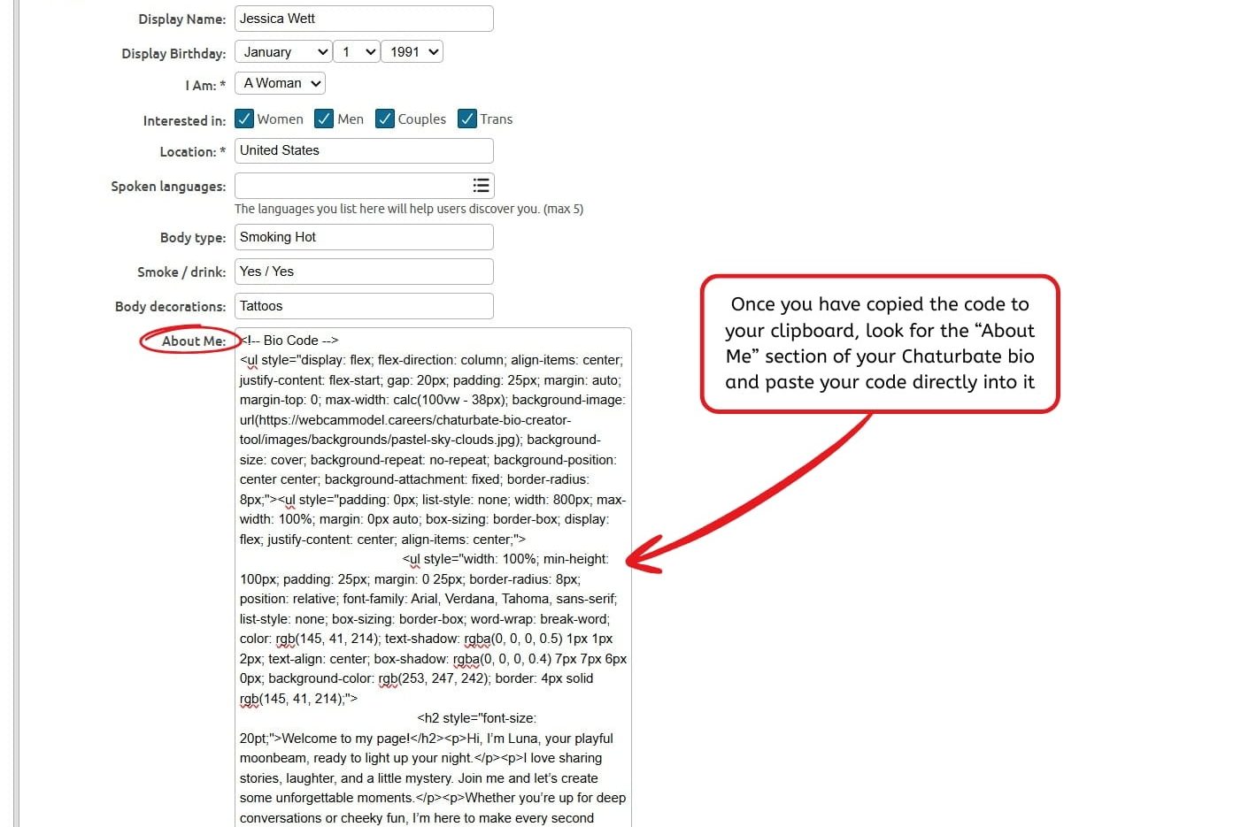 Html code being added to the "About Me" section of a Chaturbate profile