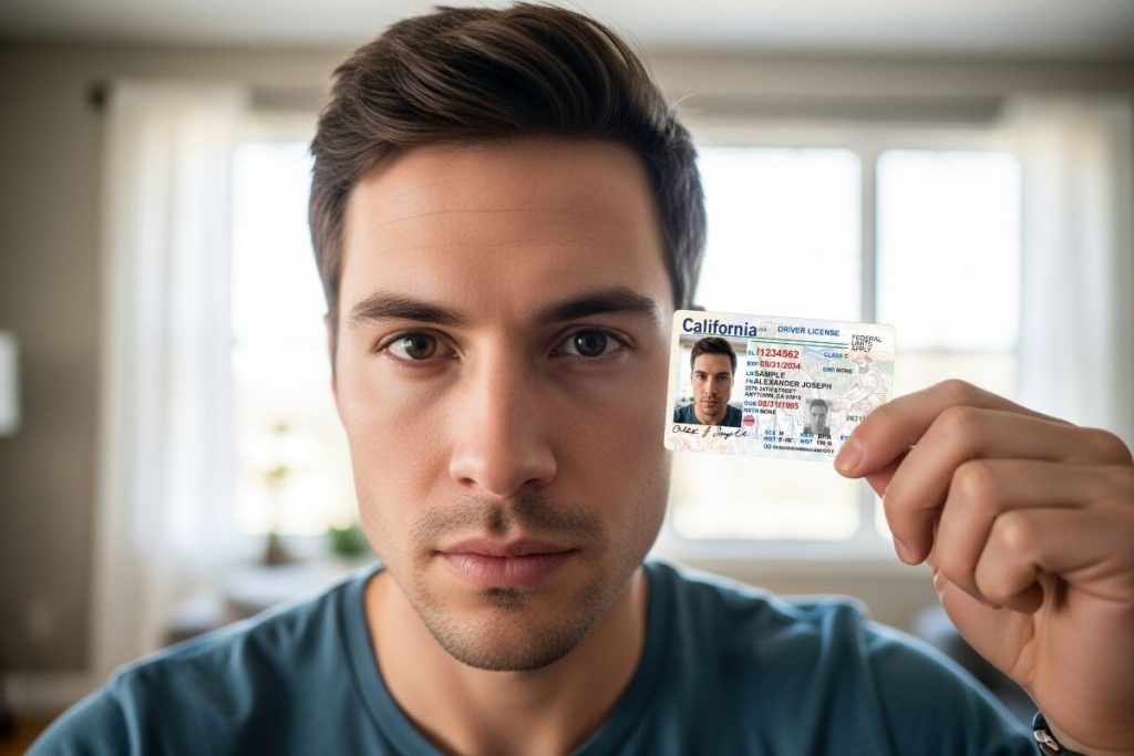 Selfie of man holding his drivers license for Chaturbate male broadcaster verification