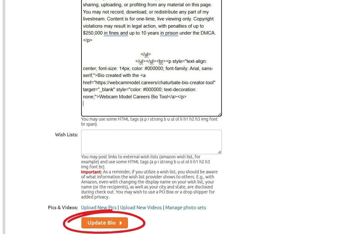 The generated HTML code, added to the "About Me" section with the orange Update Bio button highlighted in a red ellipse.