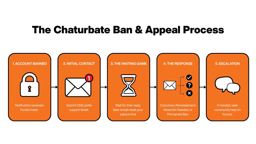 Infographic showing the appeal process for a banned Chaturbate account.