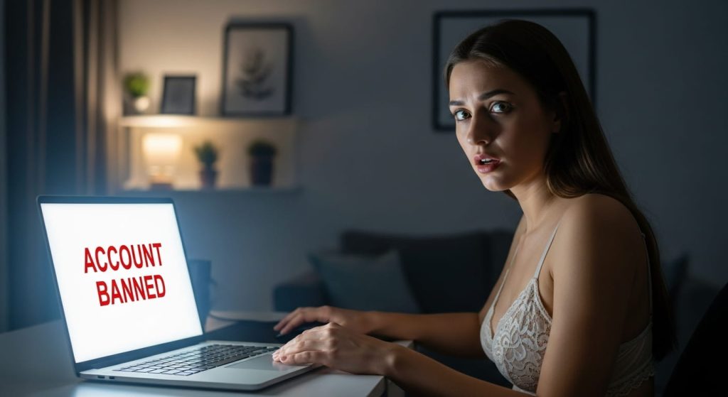 A broadcaster looks shocked after her Chaturbate account was banned, with the words "ACCOUNT BANNED" visible on her laptop screen