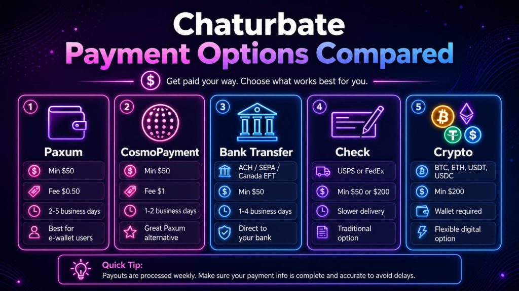 Cam model payment options comparison chart showing Paxum CosmoPayment bank transfer check and crypto