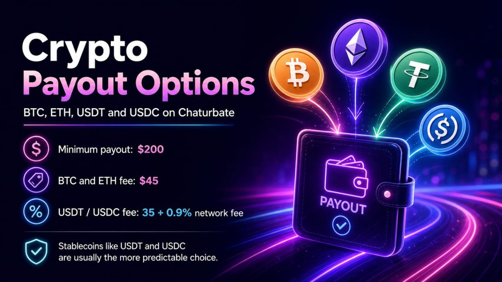 Cam model payment options for crypto payouts including Bitcoin Ethereum USDT and USDC