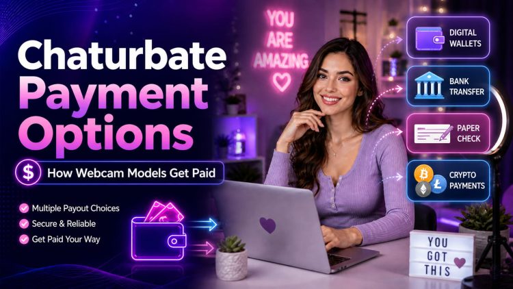Cam model payment options feature image showing webcam model with laptop and payout methods