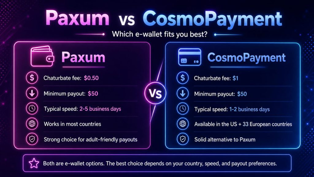 Cam model payment options comparison of Paxum vs CosmoPayment for Chaturbate payouts