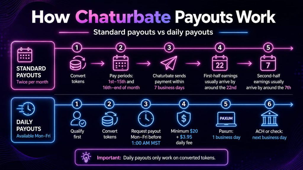Cam model payment options payout timeline showing standard payouts and daily payouts on Chaturbate